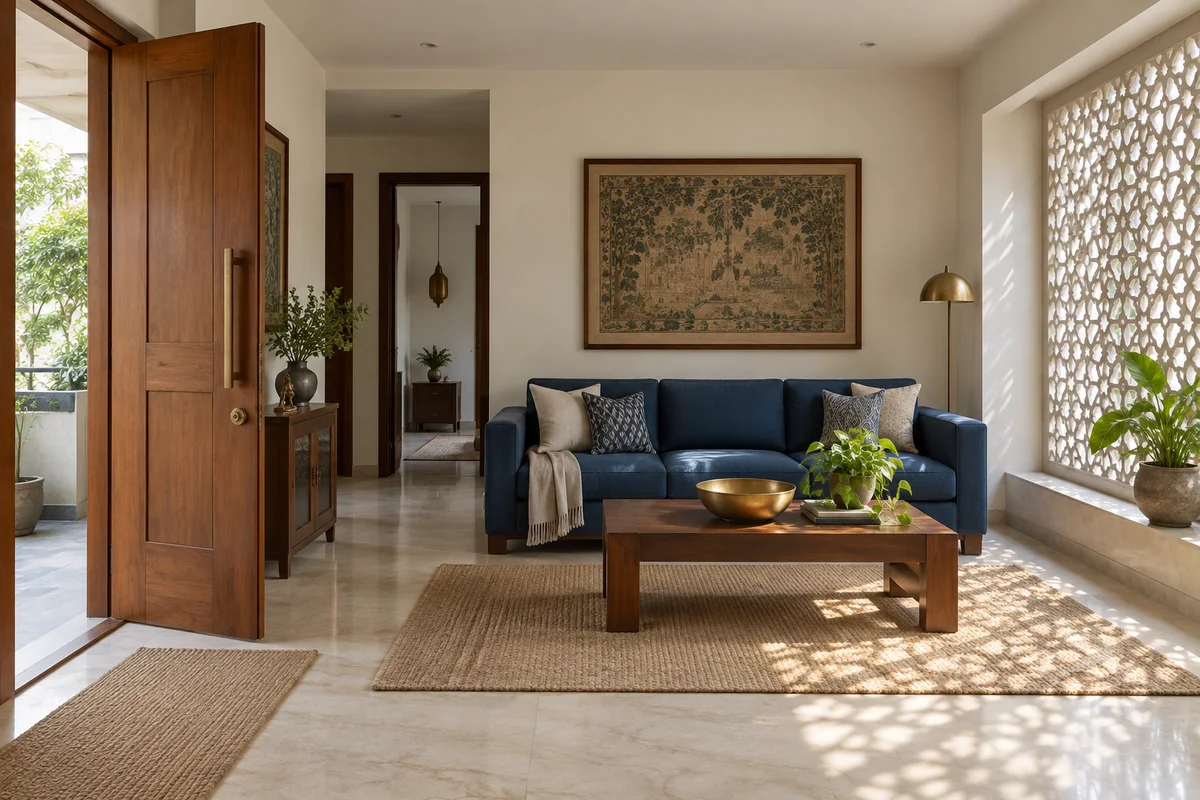 Indian apartment living space with furniture and natural daylight