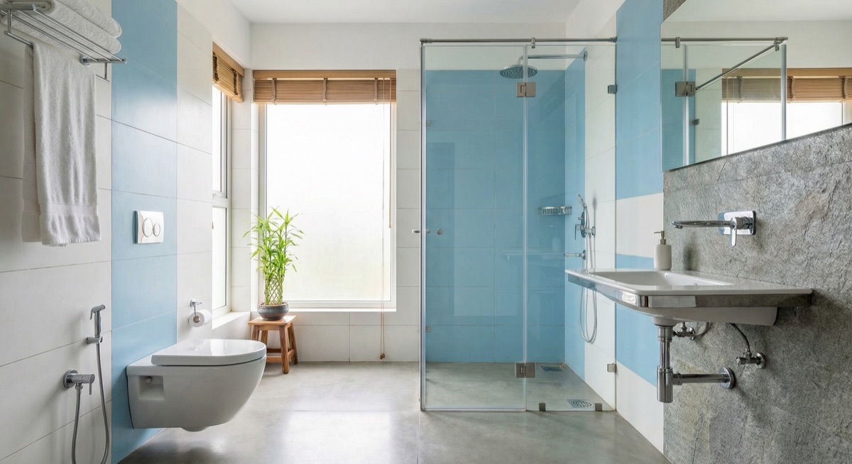 Bathroom with a window, toilet, shower and clear floor space