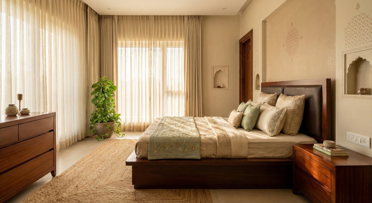 Bedroom with a wooden headboard, clear bedside access and natural light