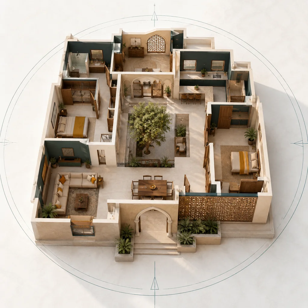 Courtyard home with open space, shaded passages and planted borders