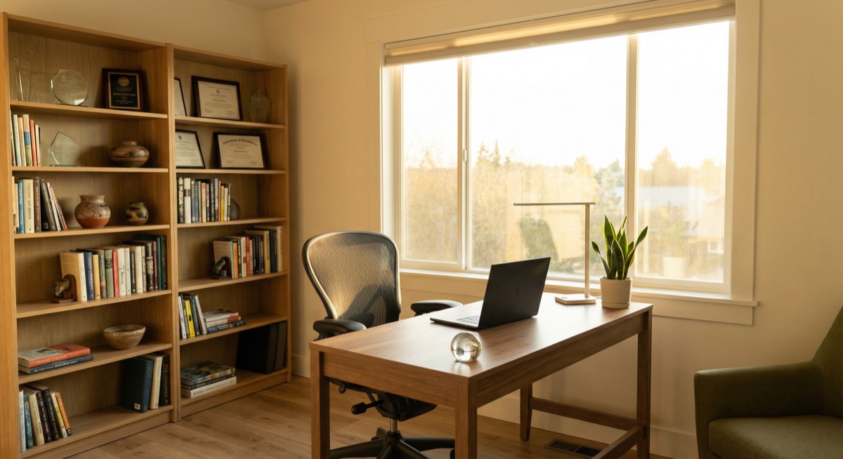 Home office desk with an ergonomic chair and daylight beside the workspace