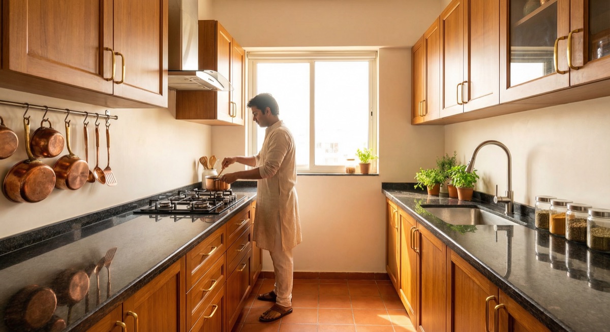 Home kitchen with worktops, cabinets and cooking space