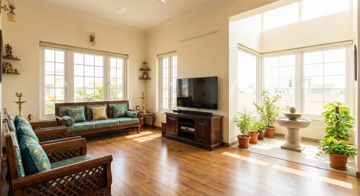Bright living room with a seating area and large windows